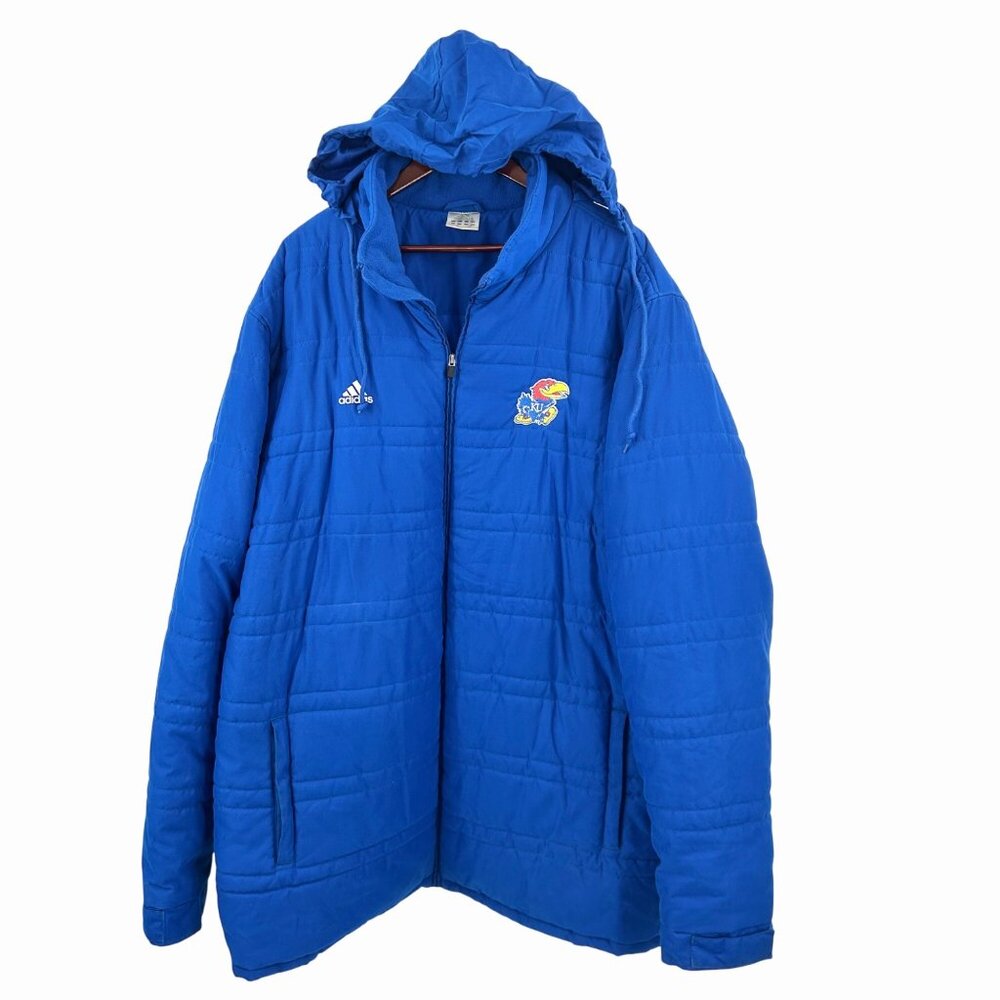 ADIDAS UNIVERSITY OF KANSAS JAYHAWKS ROYAL BLUE HOODED PARKA PUFFER JACKET - 3XT